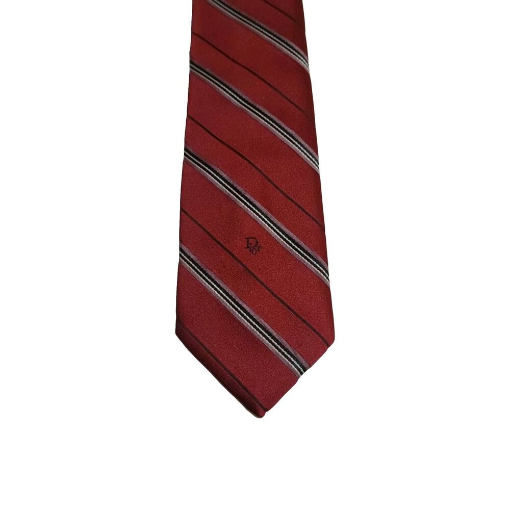 Vintage Christian Dior Mens Tie Stripes 3"x55" Red Grey Logo USA Italy